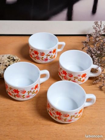 Lot De 10 Tasses à Café Arcopal Scania – Vintage Années 70 – Décor Orange/rose
