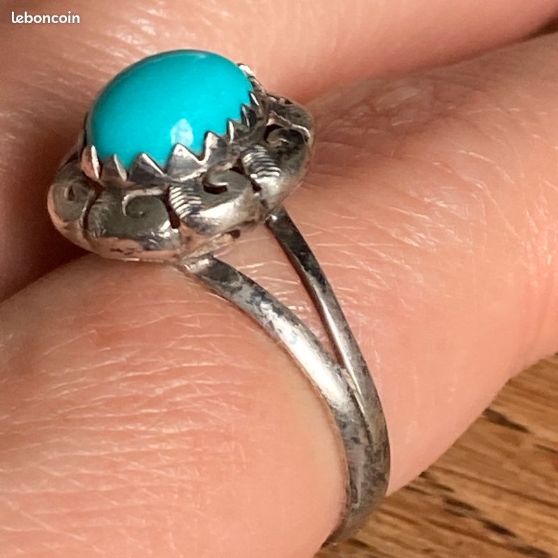 Bague Ancienne En Argent 925 Et Turquoise - Taille 52 - Poinçonnée - Occasion