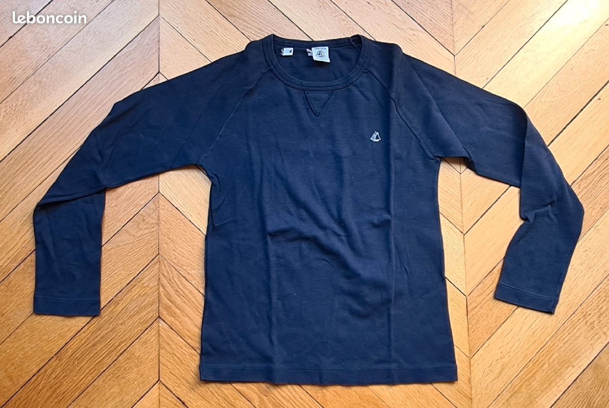 Tee-shirt manches longues coton bleu marine PETIT BATEAU 10 ans Fille Garçon Très bon état (image 1)