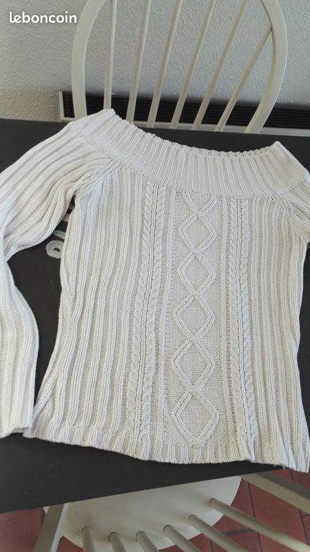 Pull laine blanc col large (image 1)