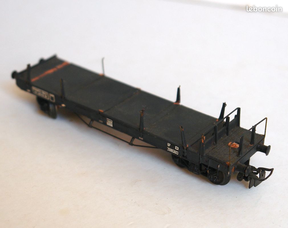 2) Vb Maquette Ho Wagon Plat a Bogies En Metal + Chargement De Futs 3