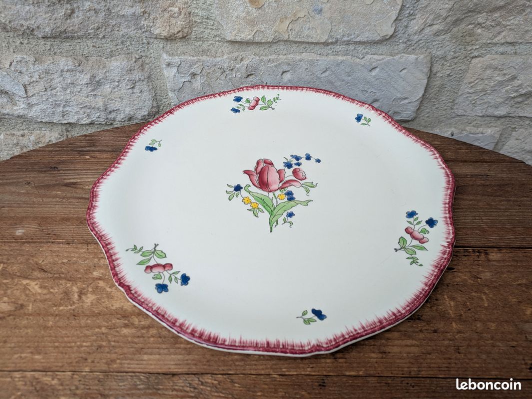 Plat à gâteaux Gien modèle Lorraine 30cm décor floral bordure bordeaux peint à la main (image 6)