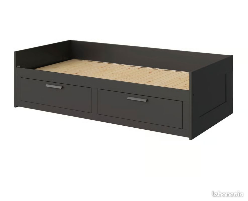 Lit IKEA BRIMNES noir 1 place / 2 places + 2 matelas – 100 (image 1)