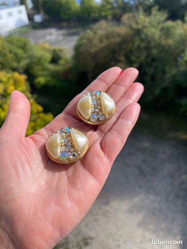 Boucles D'oreilles Vintage Jacky De G En Cristal - Plaqué Or 24 Carats - Occasion Très Bon état