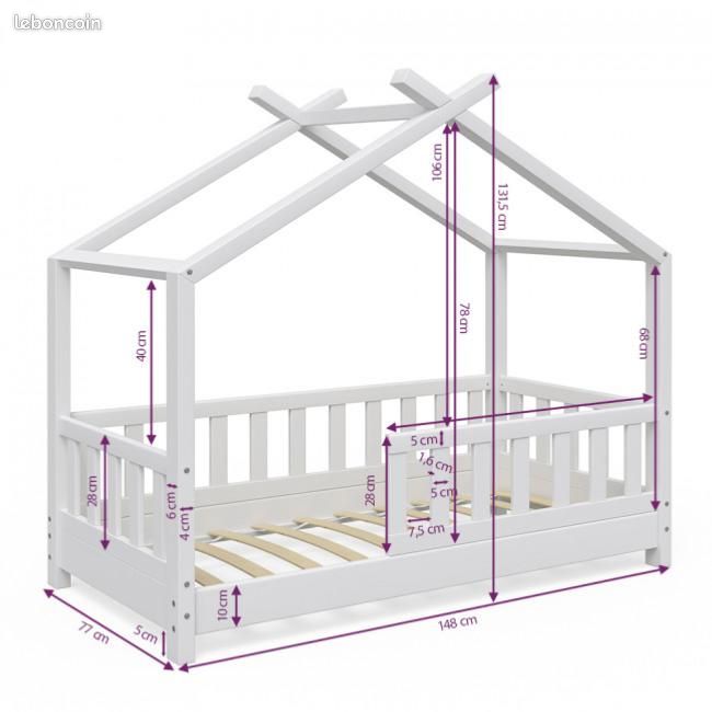 Lit Cabane Lotta 70x140cm OMYZ - Bois Massif, Sombier Inclus, Barrières - Style Montessori