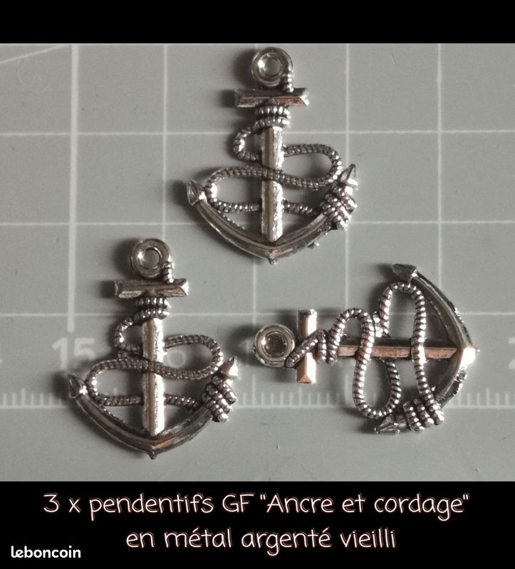 3 x pendentifs breloques GF "Ancre" R/V en métal argenté vieilli (image 1)