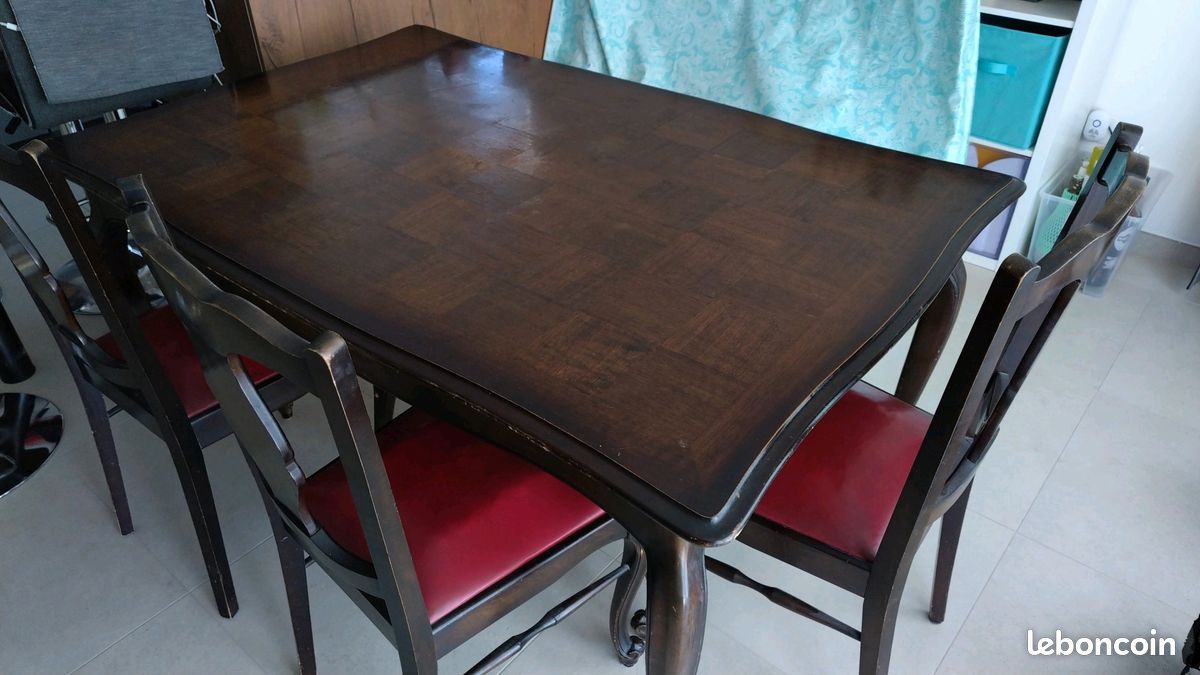 Table antique extensible (98 x 150-240 x 77 cm), bois foncé + 5 chaises (image 1)