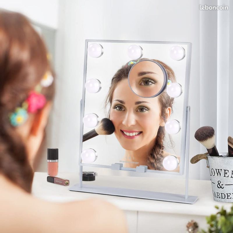 OSDUE Miroir de Maquillage hollywoodien avec lumières, Miroir Cosmétique LED, 9 Ampoules, 3 Modes de Couleur Réglables Contrôle Tactile, avec Miroir Grossissant x10, Rotation Réglable à 180 °, 30x25cm (image 7)