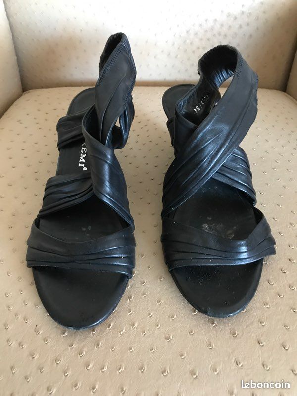 Sandales noir cuir talon compensé 38 coco (image 1)