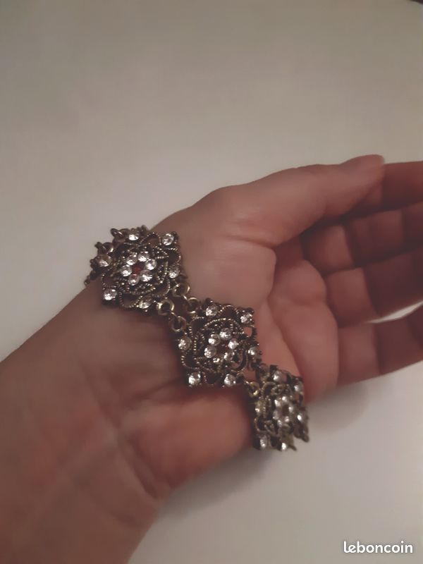VINTAGE Bracelet en métal argenté et strass taille réglable (image 8)