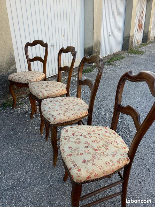 Lot 4 Chaises Style Louis Philippe – Bois Et Tissu Marron – Excellent état