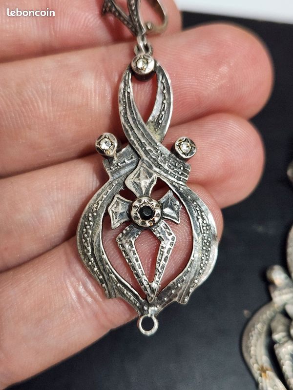 Boucles D'oreilles Pendantes Anciennes En Argent - Style Art Déco - Occasion