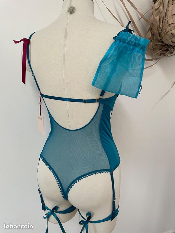 Ensemble lingerie body Valisère avec porte-jarretelles bleu canard 90B neuf (image 7)