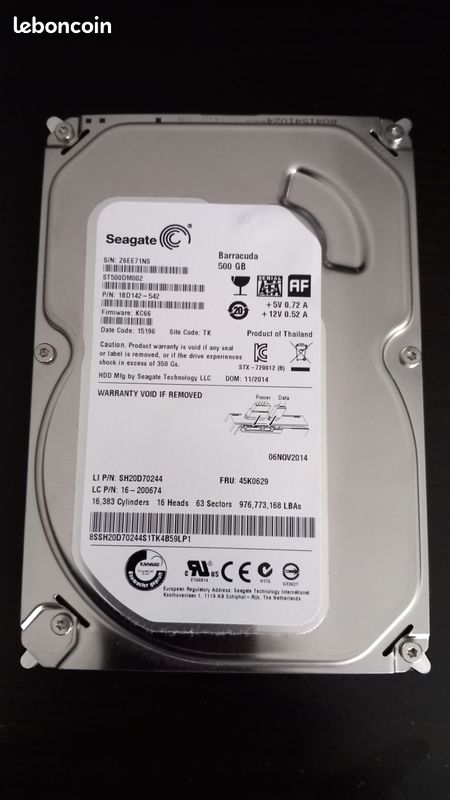 Disque Dur Interne Seagate Barracuda 500 Go - 3,5", SATA II, 7200 Tr/min, 16 Mo Cache, Occasion Testé
