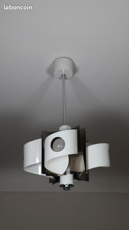 Lustre 4 Feux en Acier Laqué Blanc et Chrome - Vintage , Space Age / Rétro Futuriste , Années 70 (image 1)