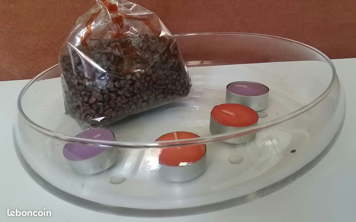 Coupe plate / plat / en verre transparent avec gravier et 4 bougies chauffe-plat (image 2)
