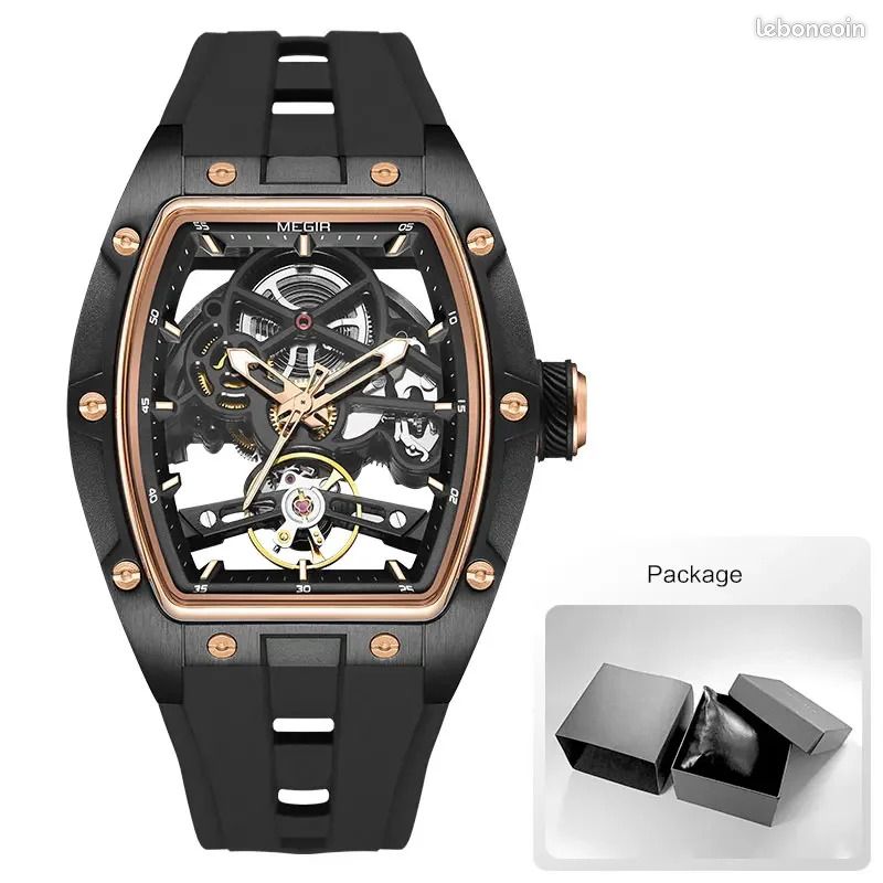 ✅ Montre MEGIR Automatique Homme – Cadran Tonneau – Sport & Élégance – Bracelet Silicone Noir (image 4)