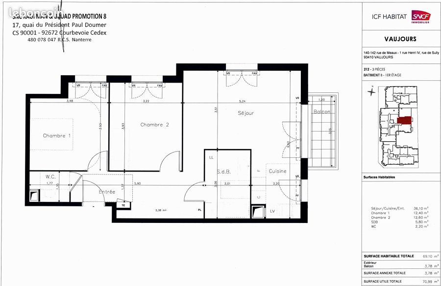 Appartement 3 pièces 69 m² · à Vaujours · 69 m² · 1 219 €/mois