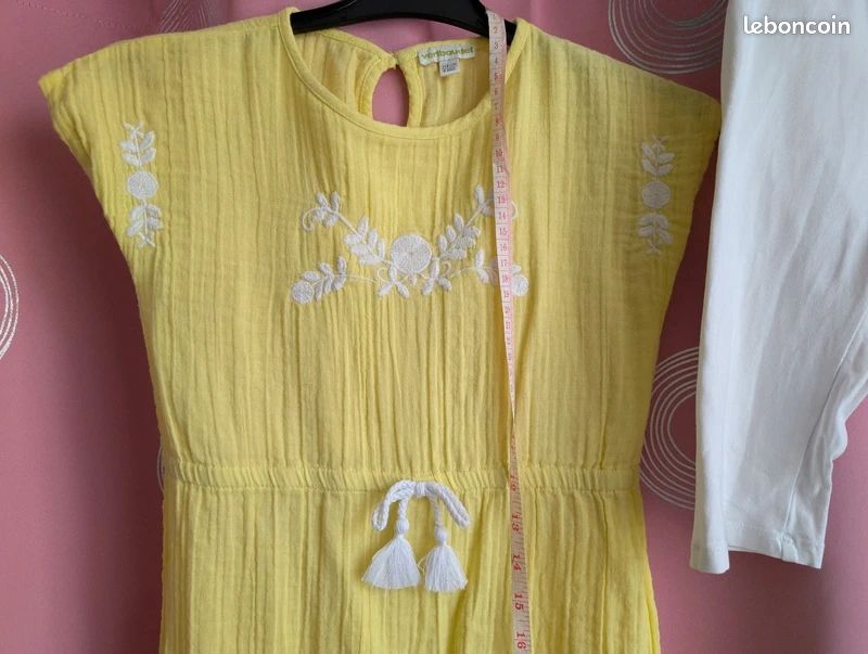 Ensemble été Verbaudet robe jaune brodé et legging short blanc 6 ans (image 8)