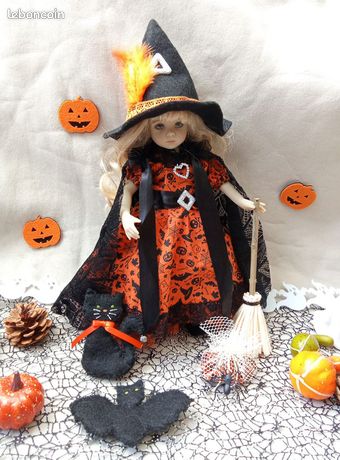 Costume Halloween Pour Poupée 17 Cm – Citrouille Et Chapeau Sorcière, Tissu Moelleux Et Résine, Idéal Pour Déco Et Jeu