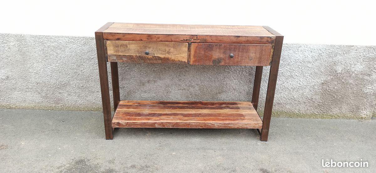 Console en bois ancien avec pieds métal 2 tiroirs (image 2)