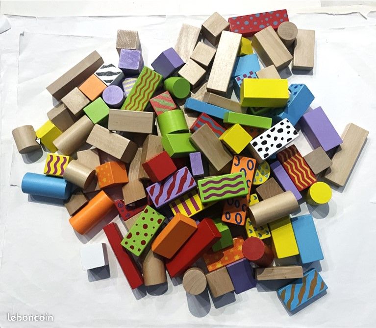 Idéal Cadeau Noël : état NEUF, Jeu de 100 blocs de construction en bois et colorées, dès 2 ans, made in France (image 2)