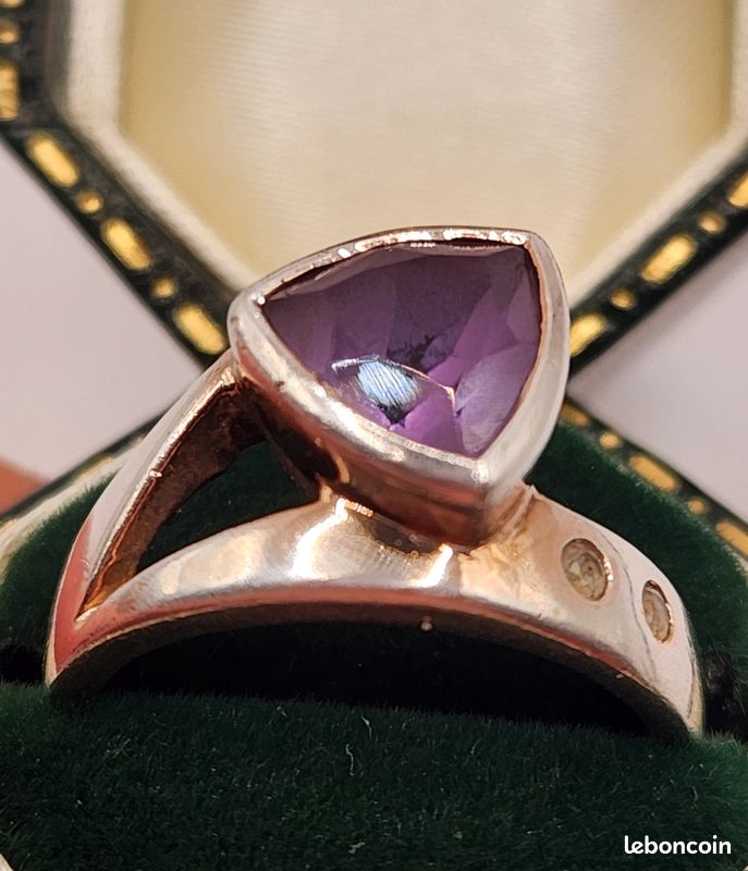 Bague Ancienne En Argent 925 Avec Améthyste Naturelle - Taille 56 - Style Cocktail Antique - Occasion Très Bon état
