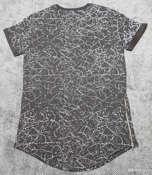 John H Tee Shirt Homme Fantaisie Col Rond Noir & Gris Bas Arrondi Coupe Over size Taille L (image 6)