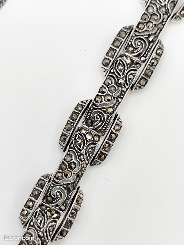 Bracelet Ancien Style Art Nouveau En Argent Massif Avec Pierre Noire - Bijou Vintage Occasion