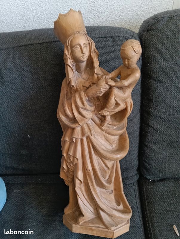Sculpture bois vierge marie statue 49cm artisanale ancien rare (image 1)