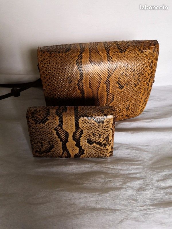 Ensemble sac à main et porte monnaie en cuir et peau de serpent (image 5)