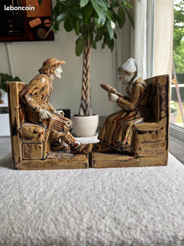 Paire Serre-Livres Anciens Personnages Rustiques - Bibliothèque Vintage Rétro Artisanaux Sculptés en Bois -Ornement de Bureau Charme d'Antan - Décoration