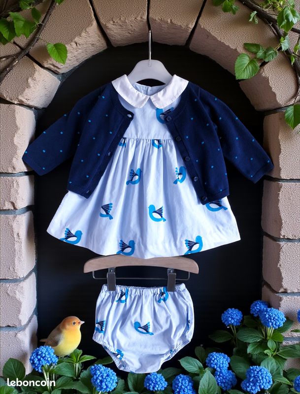 Jacadi - ensemble 3p bébé fille - robe, culotte & gilet motif tourterelles 6m (image 3)