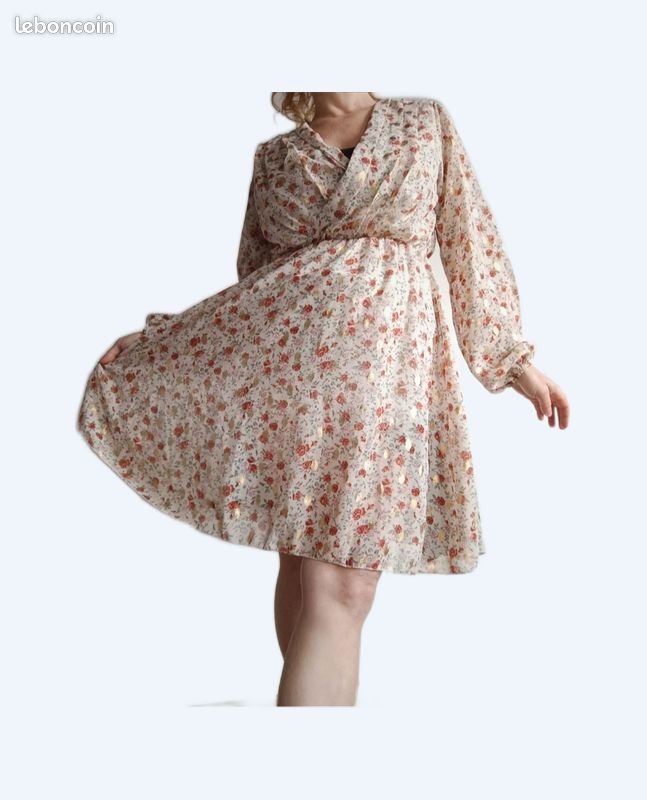 💎 robe empire élégante nude fleurie et feuille doré taille xs s