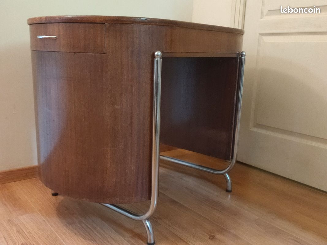 Bureau oval ancien Art Déco bois et acier chromé rare (image 1)