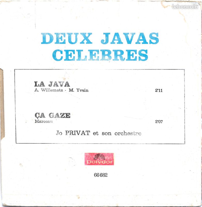 Jo Privat : La Java / Ca Gaze (Deux Javas Célèbres) [Vinyle 45 Tours 7"] (image 2)