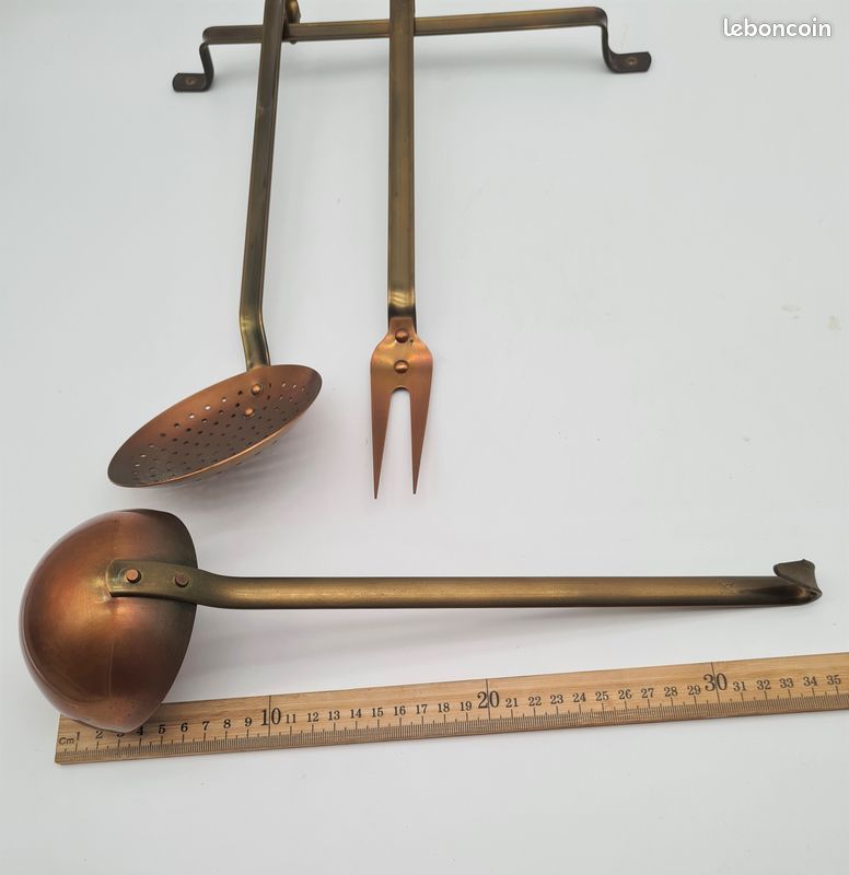 Ustensiles en cuivre et laiton, avec barre support, Déco cuisine Vintage - J38 (image 8)