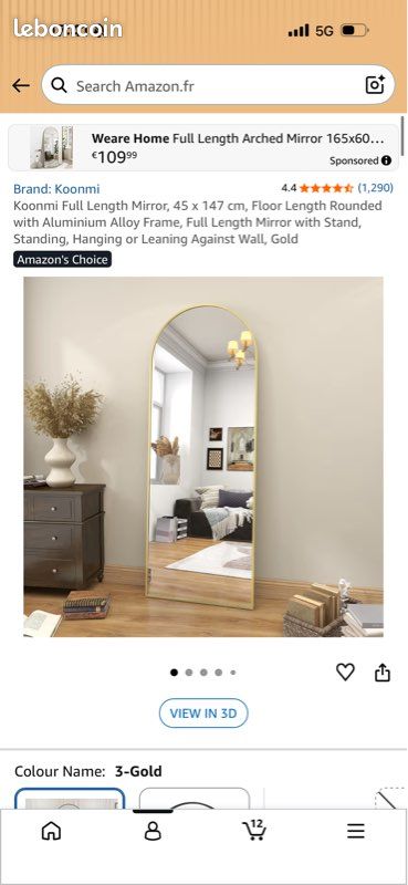 Miroir sur pied arche doré – 147 x 45 cm (image 1)