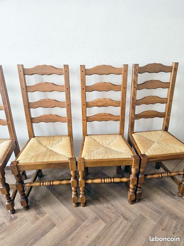 Lot de 6 Chaises Rustiques en Bois Massif Estampillées et Assise Paille Tressée Main Style Campagne Chic Provençal Traditionnel Idéal Cuisine et Salle à Manger Chaises d'Artisan Ébéniste Qualité (image 1)