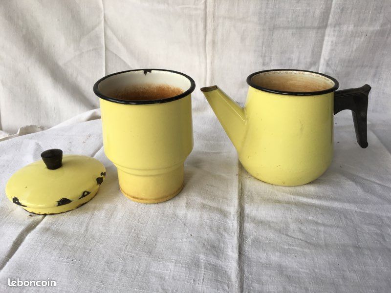 Cafetière jaune émaillée vintage antiquité (image 3)