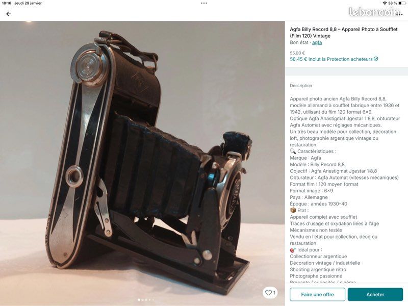 Appareil Photo Argentique à Soufflet Kinax 1, Format 6x9, Bon état, Fabrication Française