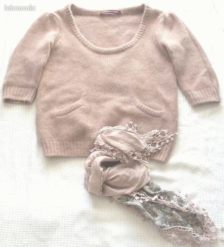Pull en maille Angora & cachemire & laine couleur beige & rose - Taille M (image 1)
