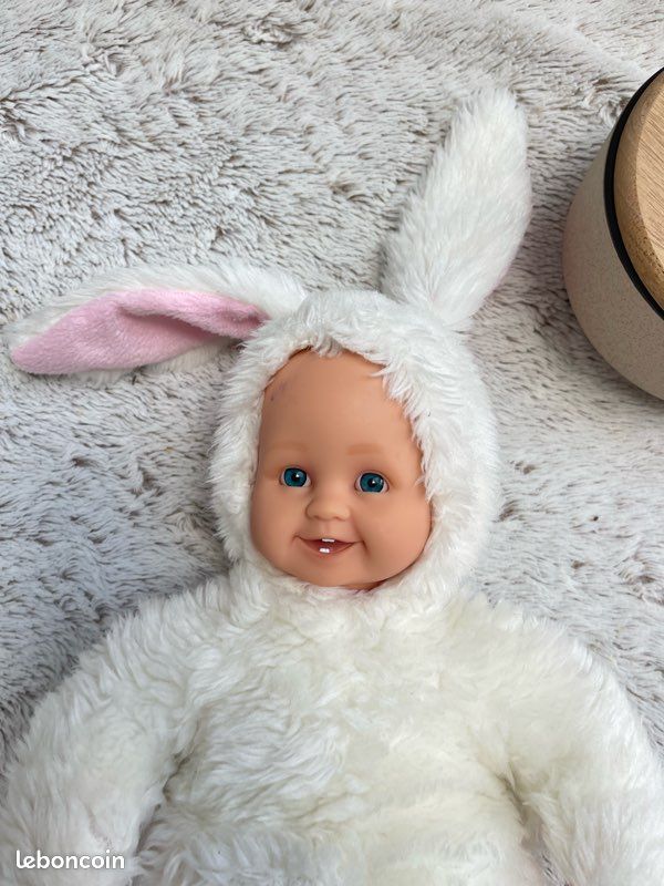 Poupée Anne Geddes - Bébé Lapin Blanc Et Vert - 38 Cm - Occasion TBÉ