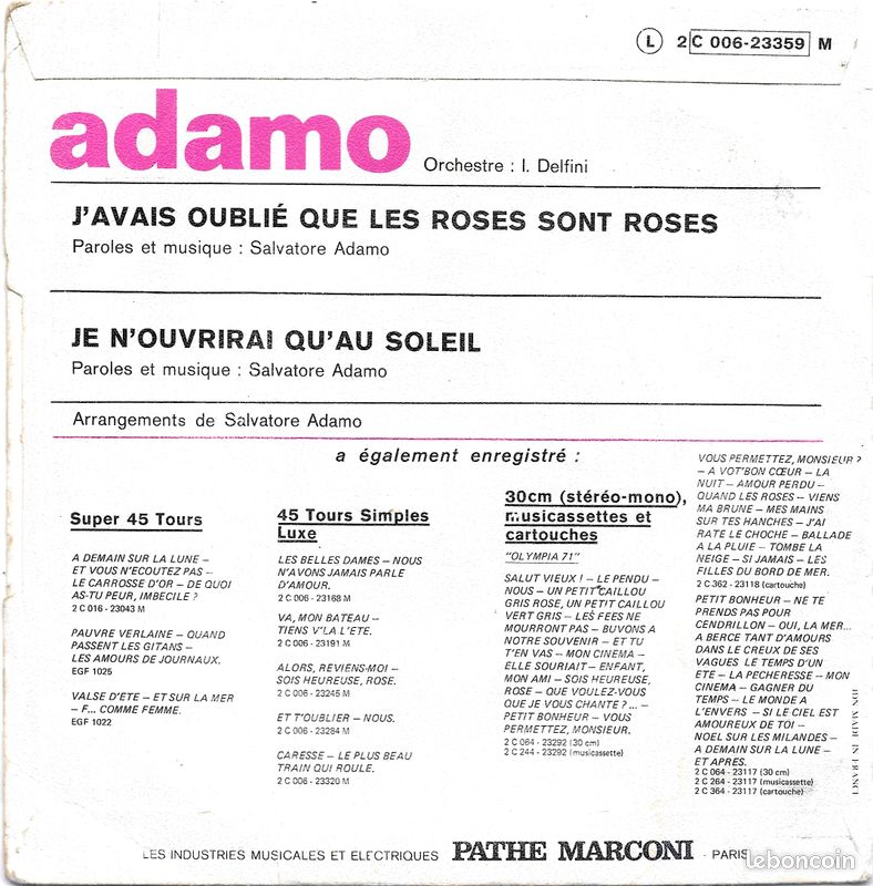 Adamo : J'Avais Oublié Que Les Roses Sont Roses / Je N'Ouvrirai Qu'Au Soleil [Vinyle 45 tours 7"] 1971 (image 2)