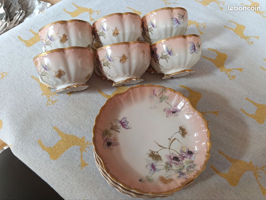 Service 6 tasses à thé Porcelaine de Limoges - Martial Redon Art Nouveau (image 1)