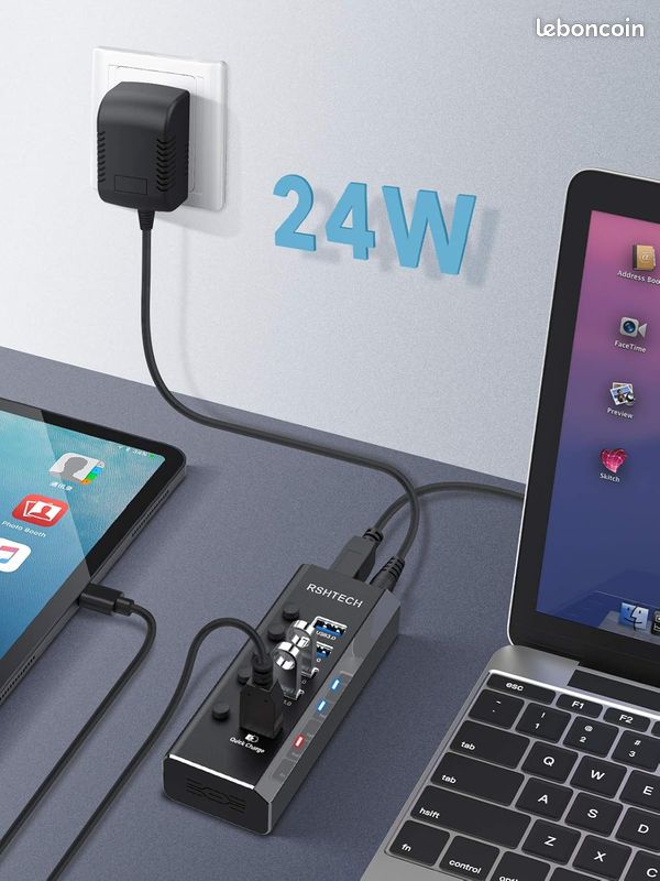 Hub 5 Ports 24W USB 3.0 en Aluminium avec alimentation (image 3)