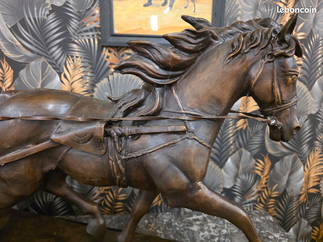 Sculpture Bronze - Cheval Avec Son Attelage - Statue Décorative, Authentique