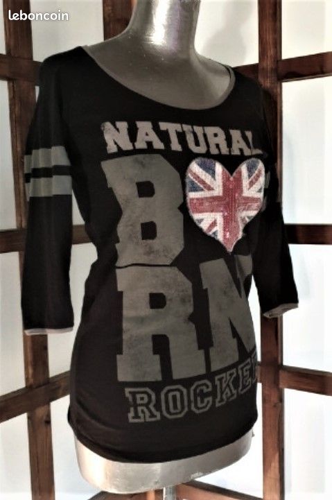 T-shirt Bershka, noir gris, UK, manches 3/4, S, 36 (image 1)