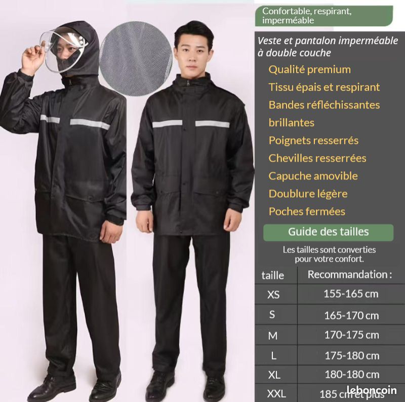 Ensemble Veste et Pantalon Imperméable épais Homme, moto, vélo, balades bord de mer, pour la pluie - pour les livreurs et la livraison à moto - Livraison 3 jours relais (image 1)