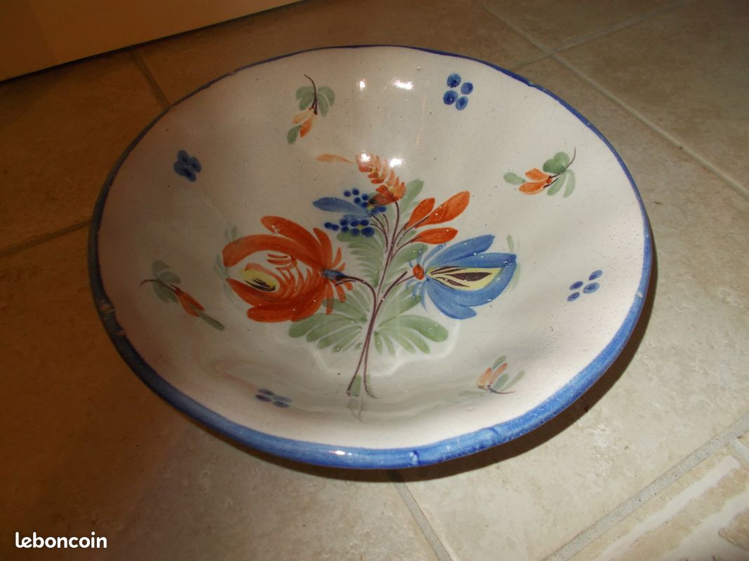 Ancien grand saladier faience decor main xix eme vintage cuisine restaurant decoration (image 1)